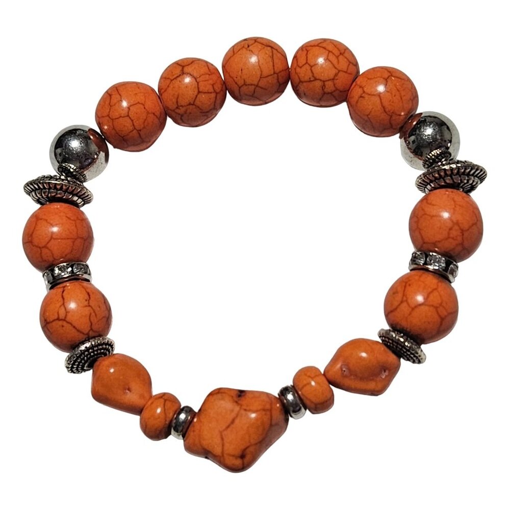 Retro Handmade Orange Stone Silver Beaded Bracelet Boho Fashion Jewelry Women